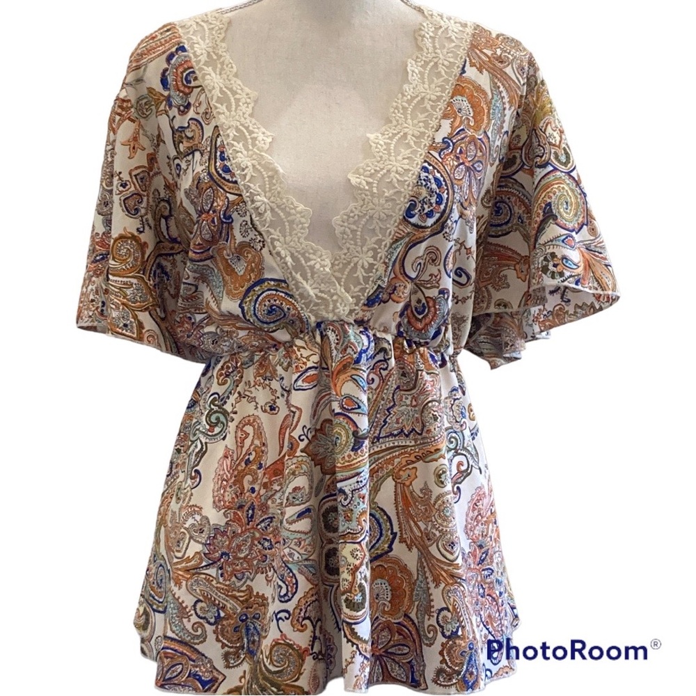 Shein V-neck Paisley Print with Lace and Short Sleeves, Size 3XL